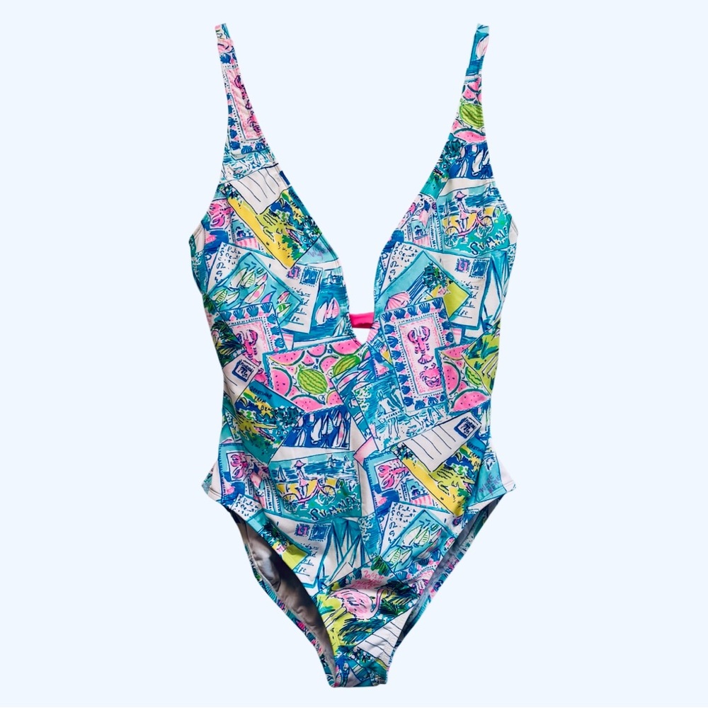 Lilly Pulitzer Jaspen one-piece swimsuit in “Pop Up Wish You Were Here,” size 14 - Picture 2 of 10